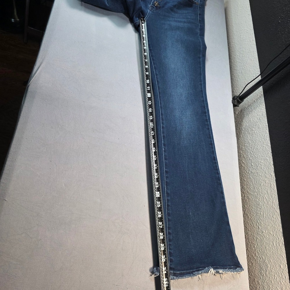 KanCan High Rise Flare Jeans Dark Wash Button Fly Raw Hem KC7138D Size 9 (28) - Picture 3 of 13